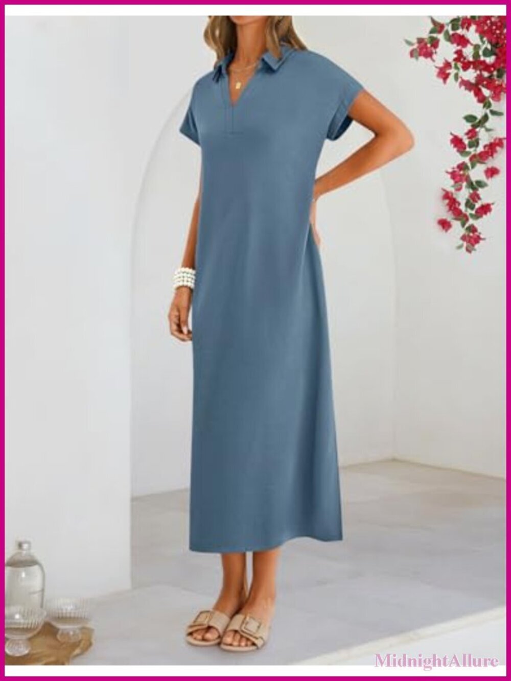 Women's Casual Maxi Dress V Neck Cap Sleeve Collared Beach Vacation T Shirt - Picture 2 of 6